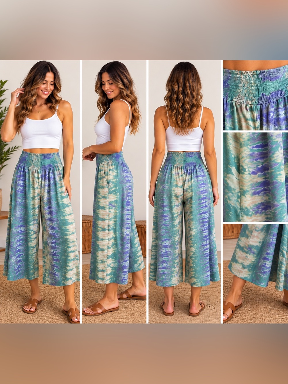 NWOT Tie-Dye Wide Leg Pants - Green & Blue Smocked Waist